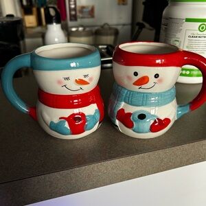 Snowman Ceramic Mug Set - Red and Blue